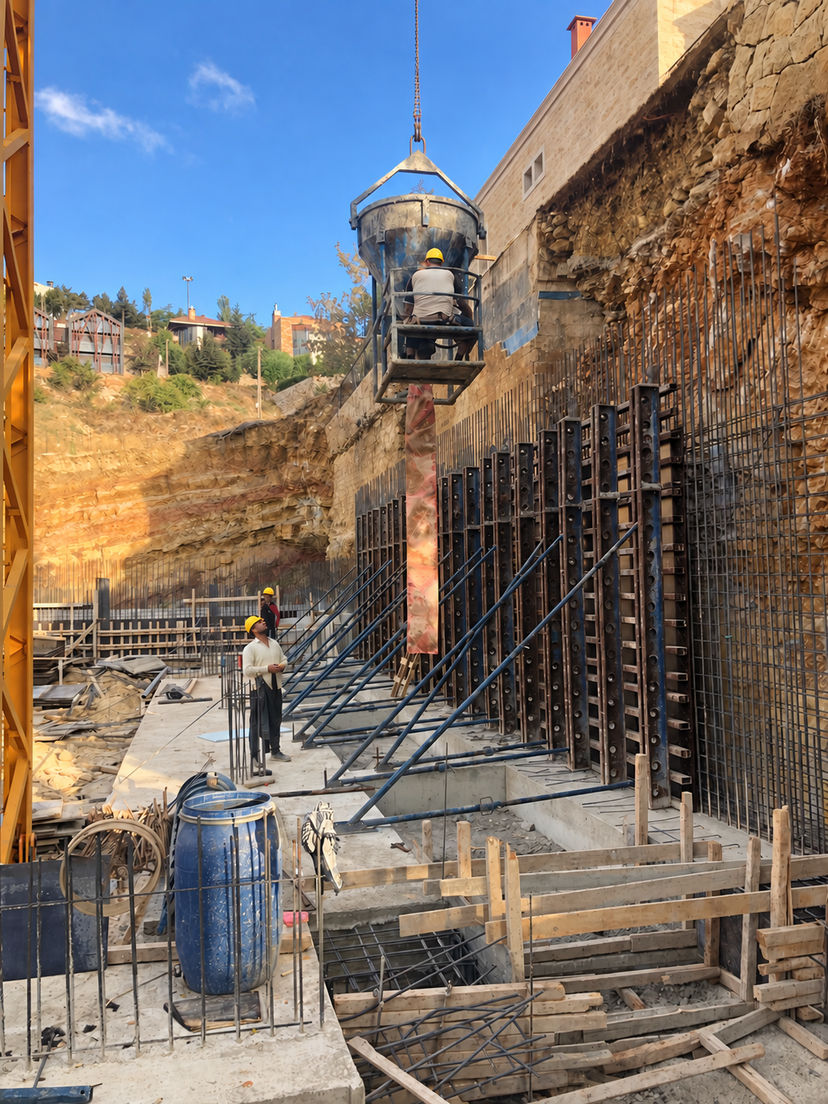 Crane bucket pouring concrete into wall formwork beside an excavated rock face