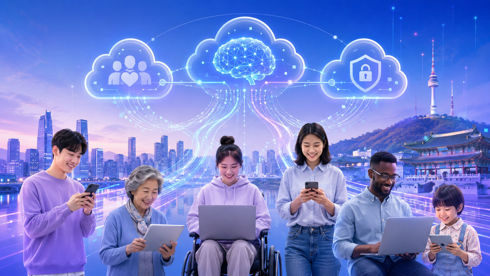 Citizens accessing a national AI service across devices