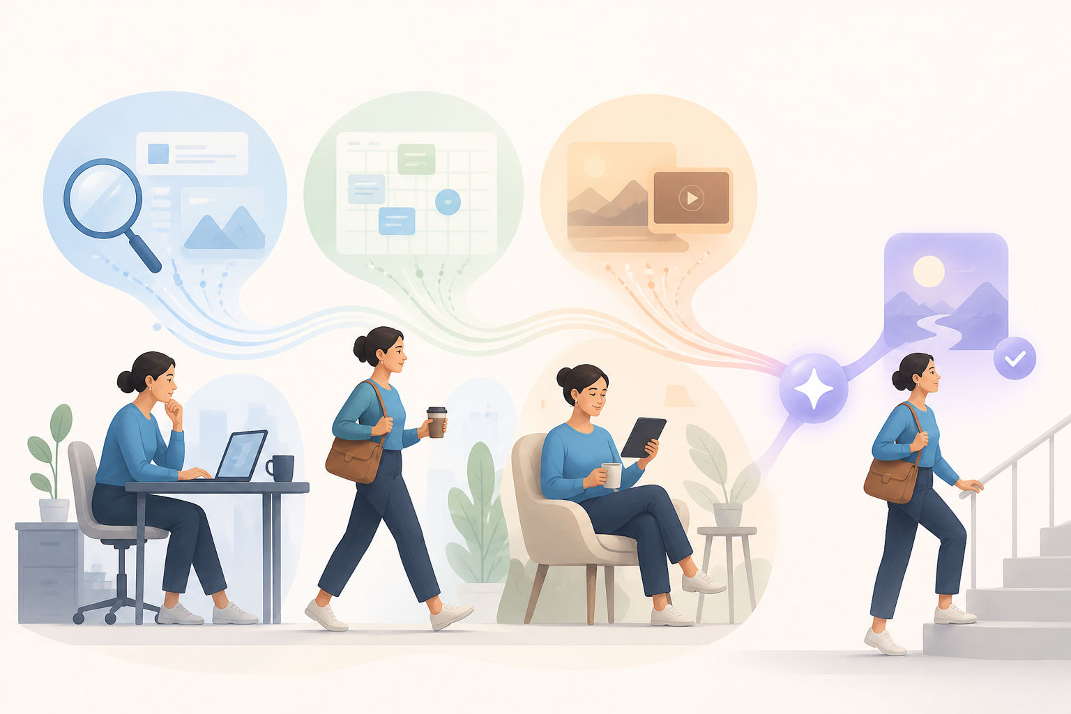 AI hỗ trợ ở đúng thời điểm trong luồng tìm kiếm, lịch và media hằng ngày.