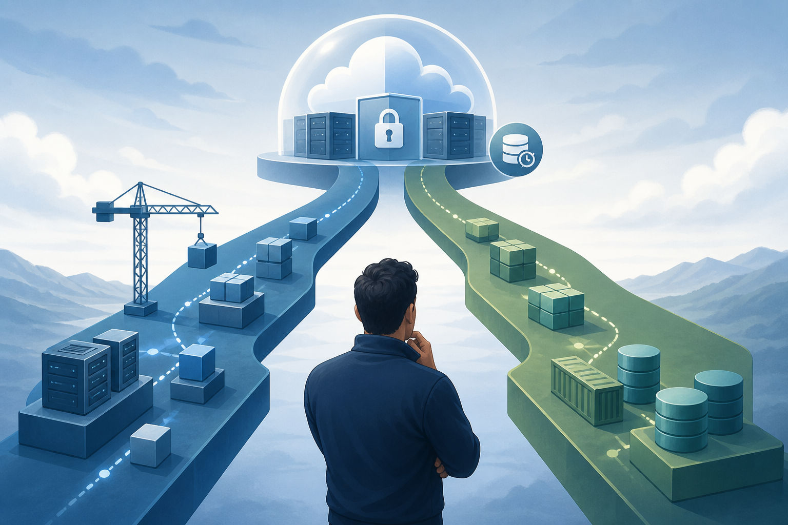 A platform engineer comparing two infrastructure change paths in a controlled cloud environment.