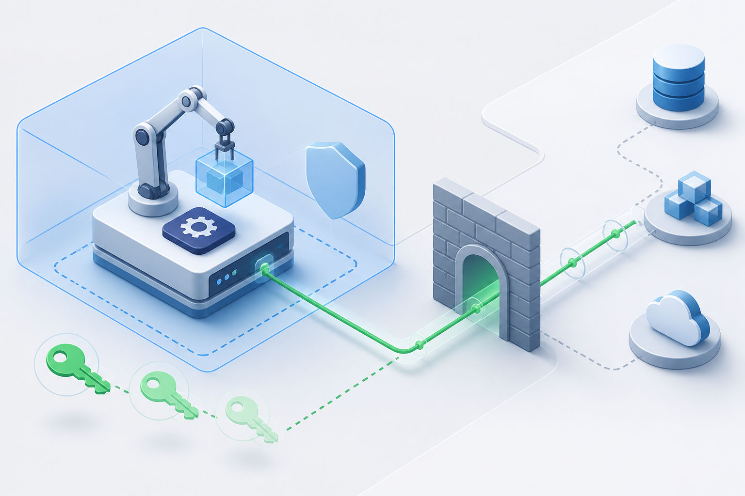 An isolated CI runner with short-lived keys and a controlled network path