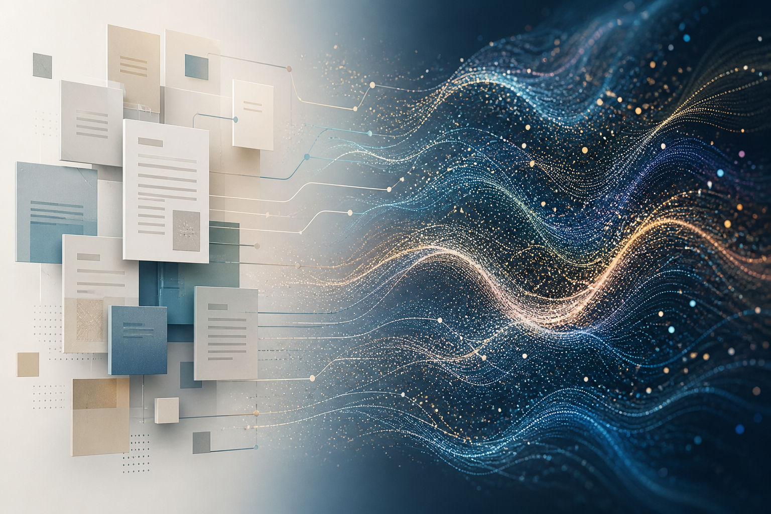 Structured content blocks and a real-time particle canvas connected by data paths.