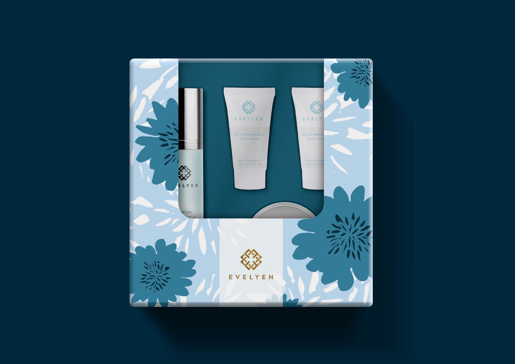 Evelyen Australian skin care brand packaging design front view