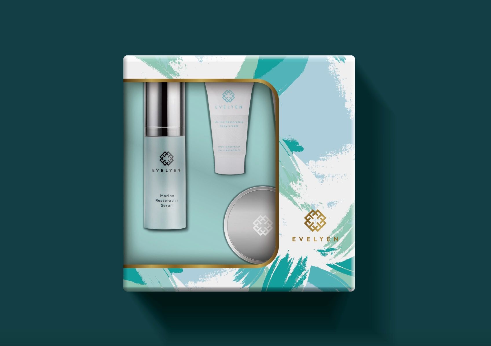 Evelyen Australian skin care brand packaging design close-up