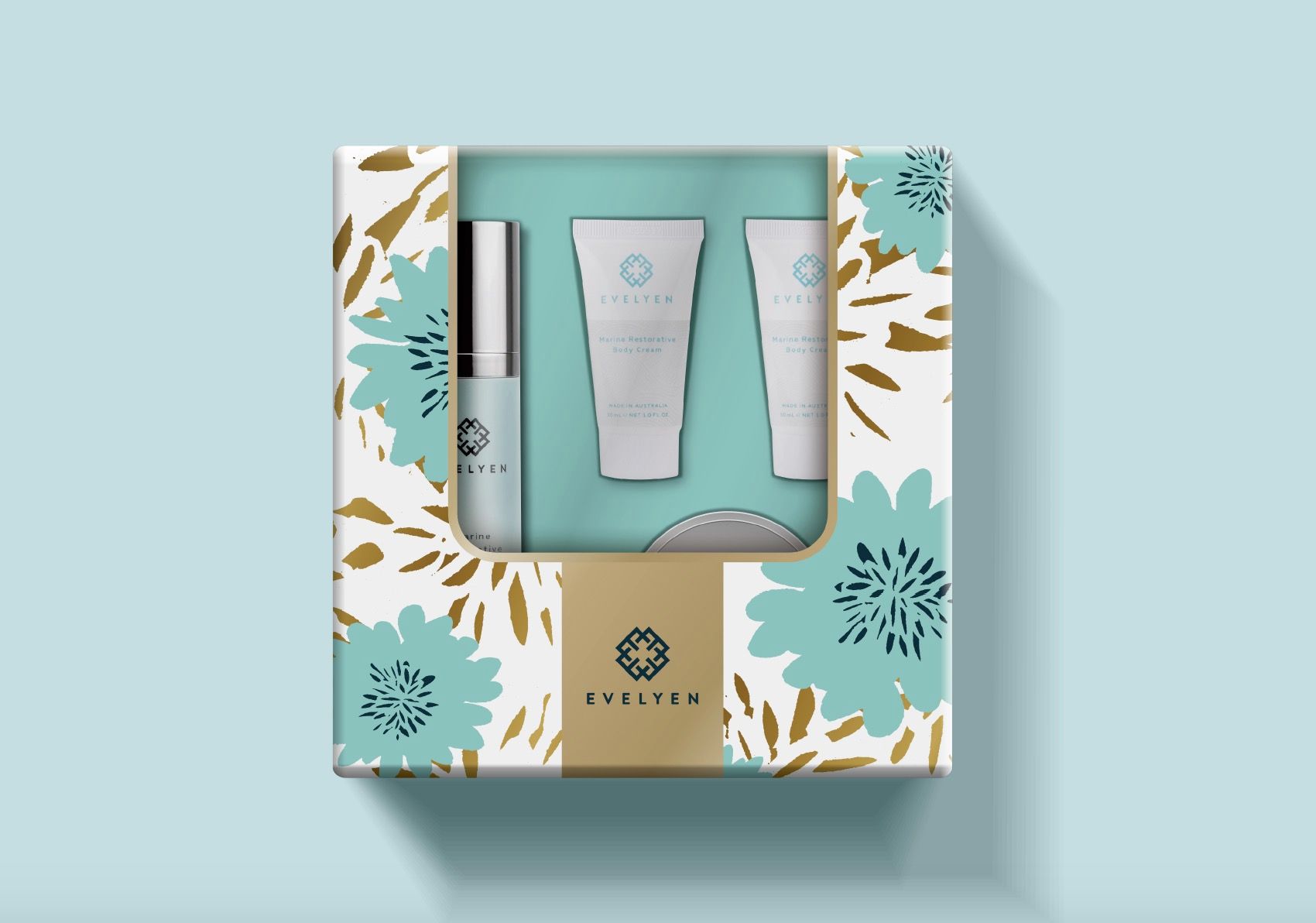 Evelyen Australian skin care brand packaging design application mockup