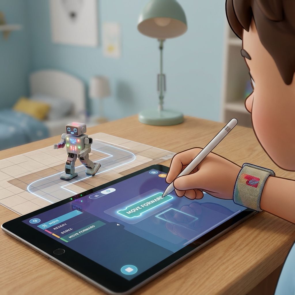 Child arranging giant colorful coding blocks with magical sparkles