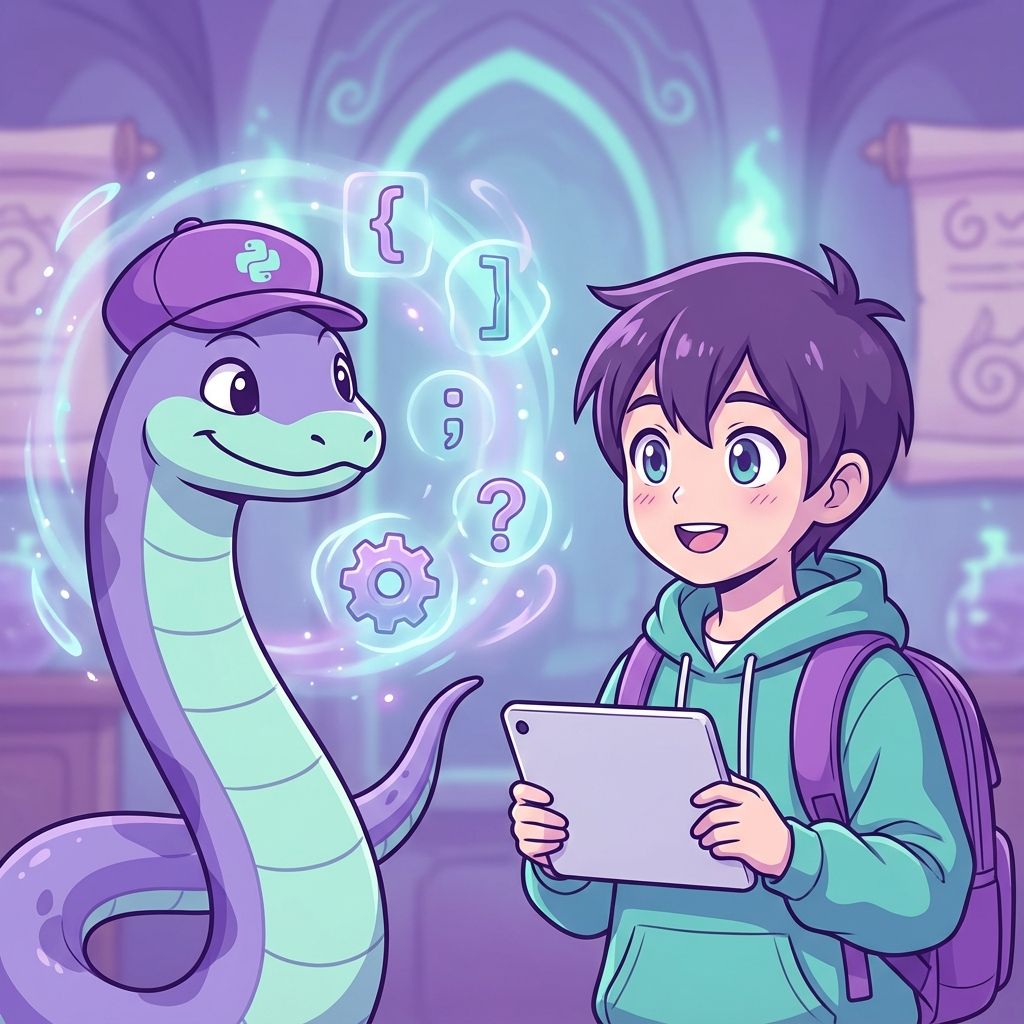 Friendly Python snake character guiding a student