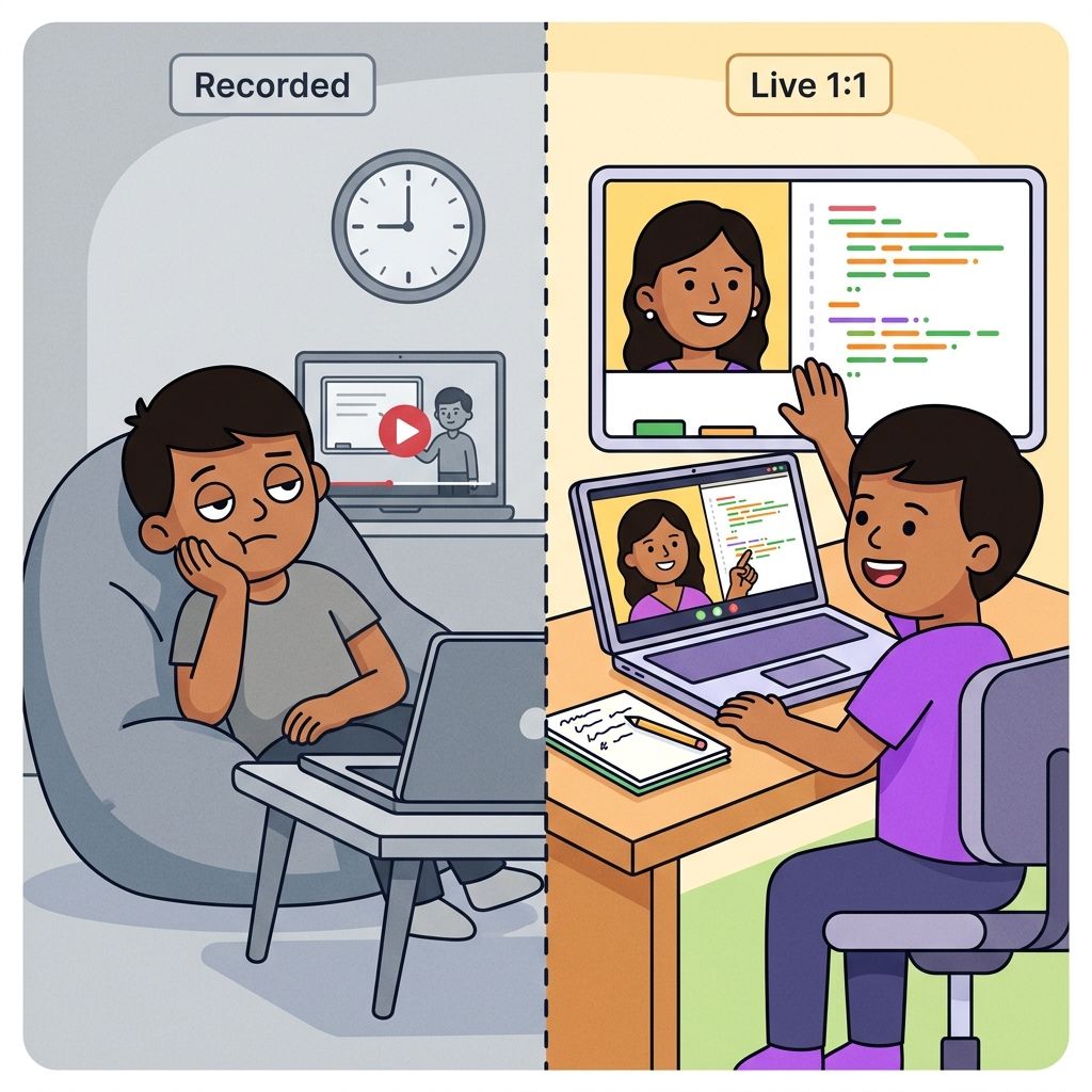 Comparison showing a child passively watching a recorded video versus a child actively participating in a live coding class with a mentor
