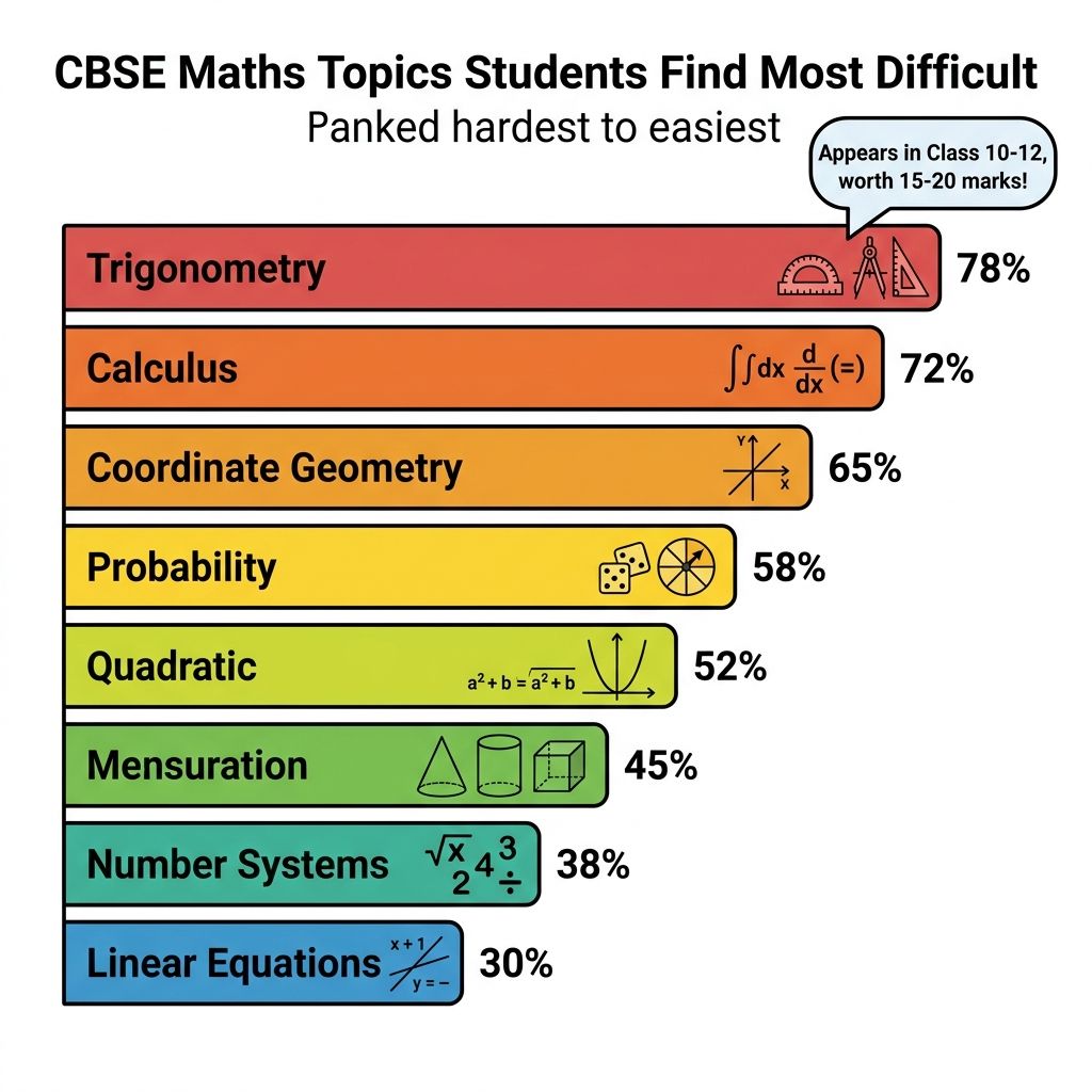 Infographic showing the hardest CBSE maths topics ranked by difficulty for students across classes