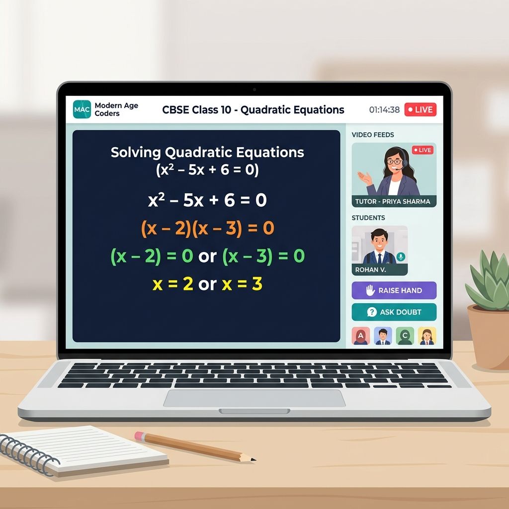 Modern Age Coders platform showing live 1:1 maths class interface with whiteboard and student interaction