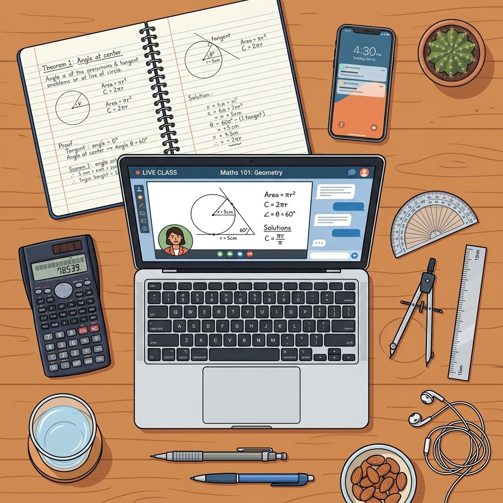 Setup showing a live online maths class with digital whiteboard, video call, and problem solving in real time