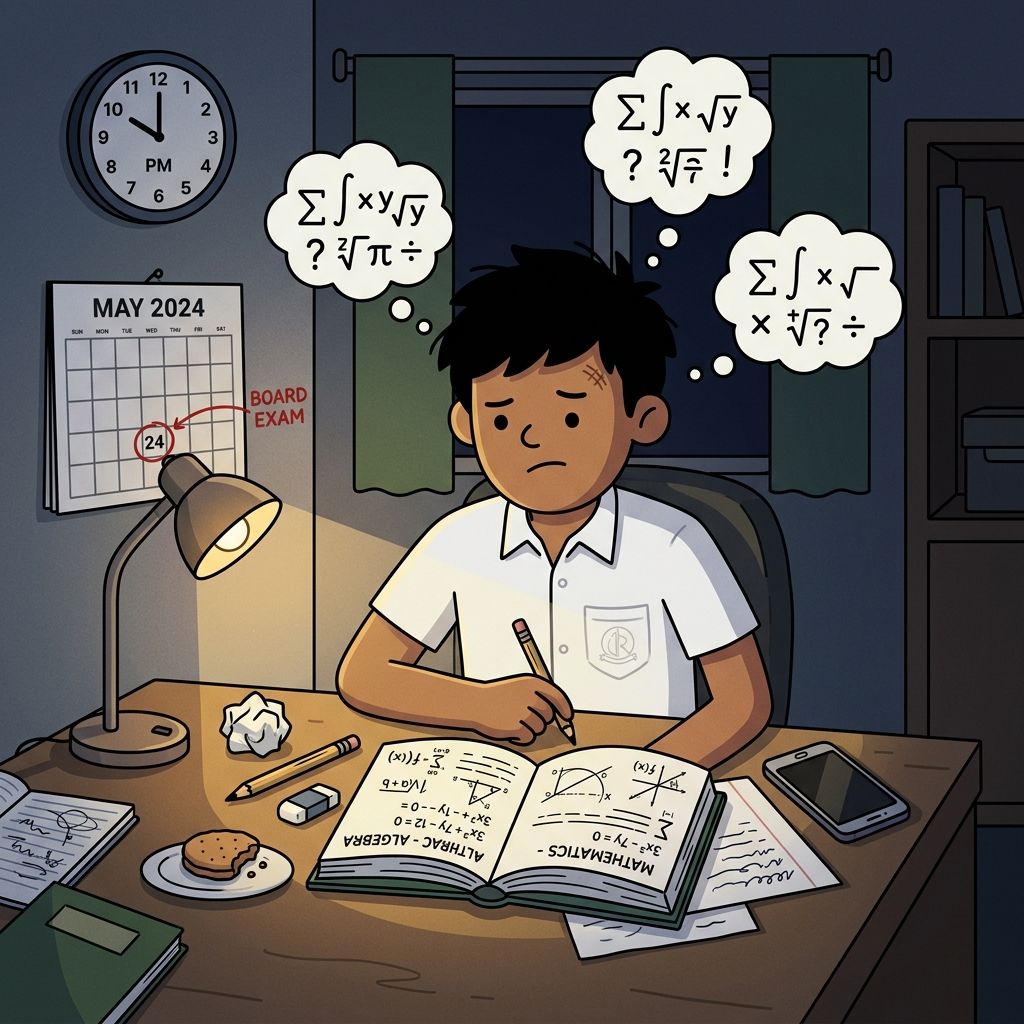 Indian student struggling with CBSE maths problems at study desk surrounded by textbooks