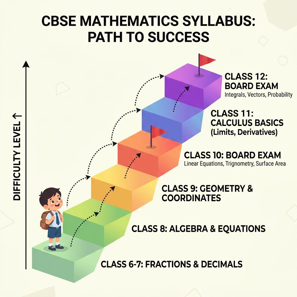 Visual chart showing CBSE maths syllabus progression from Class 6 to Class 12 with key topics highlighted