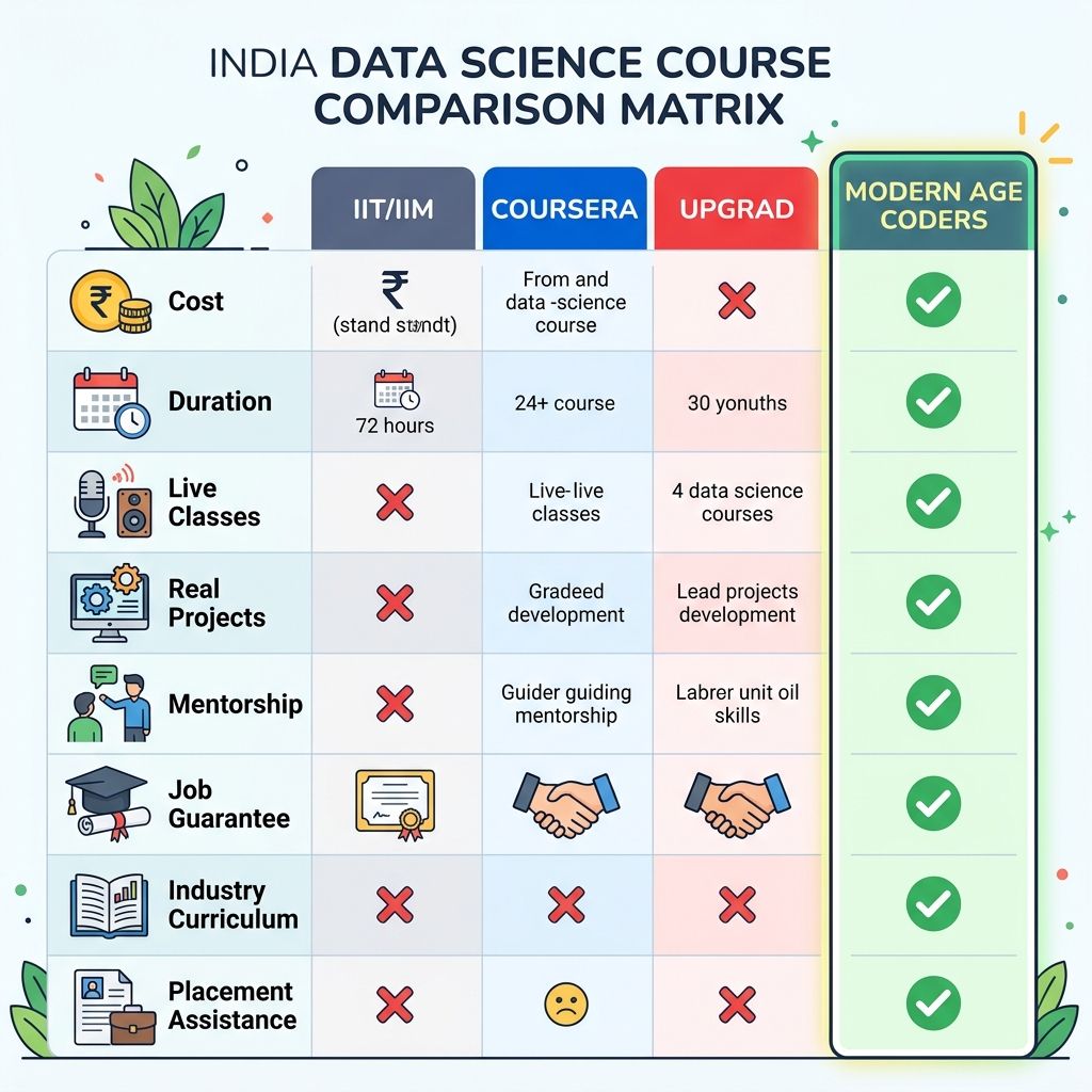 Comparison table showing different data science course options in India including IITs, online platforms, and live classes with pros and cons