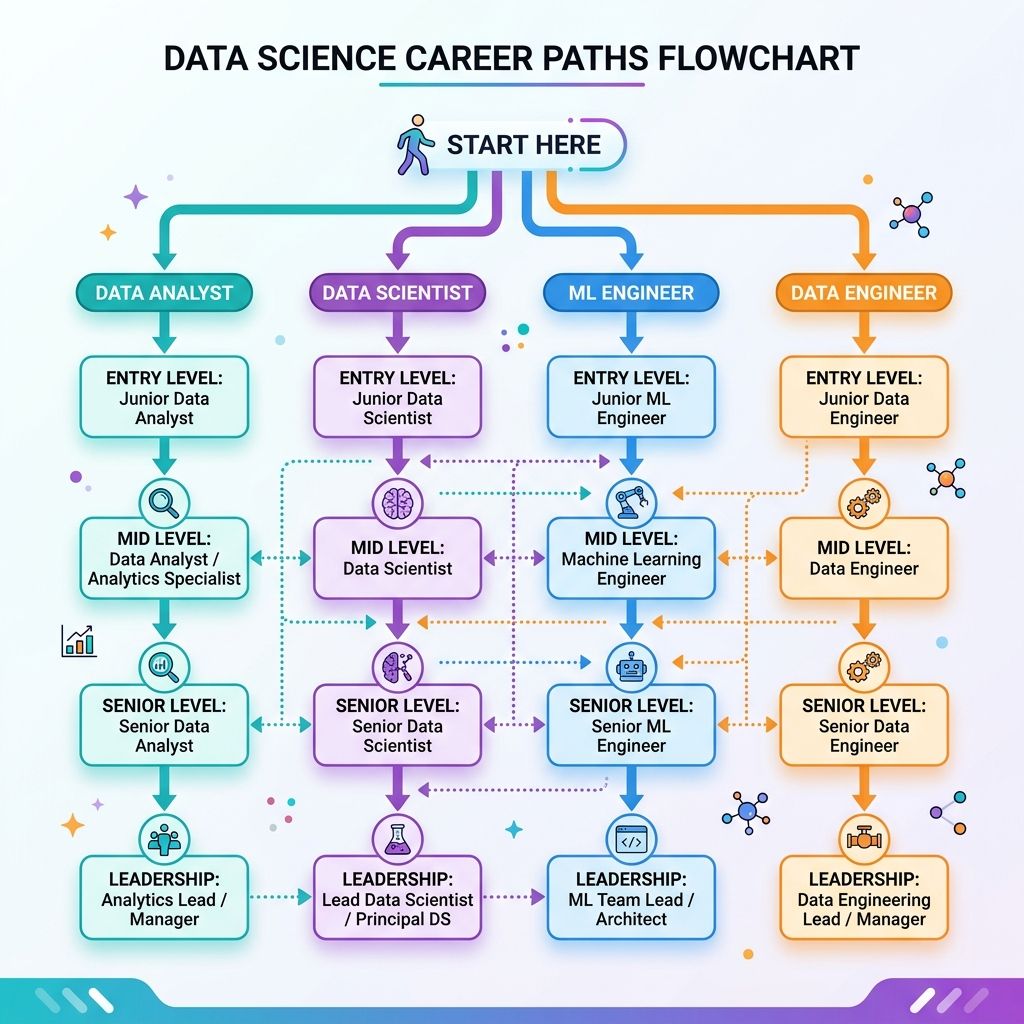 Flowchart showing different data science career paths from data analyst to ML engineer to AI researcher with skills and salary ranges