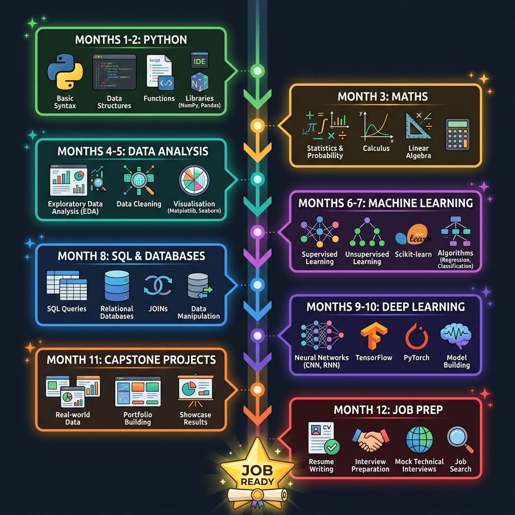 Month-by-month learning roadmap for data science showing progression from Python basics through machine learning to deployment and job readiness
