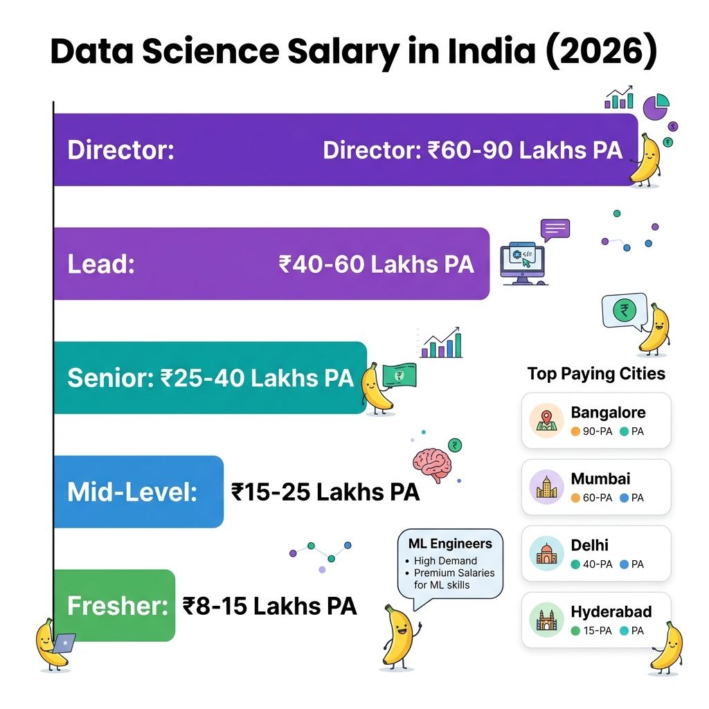 Bar chart comparing data science salaries in India across experience levels from fresher to senior leadership in 2026