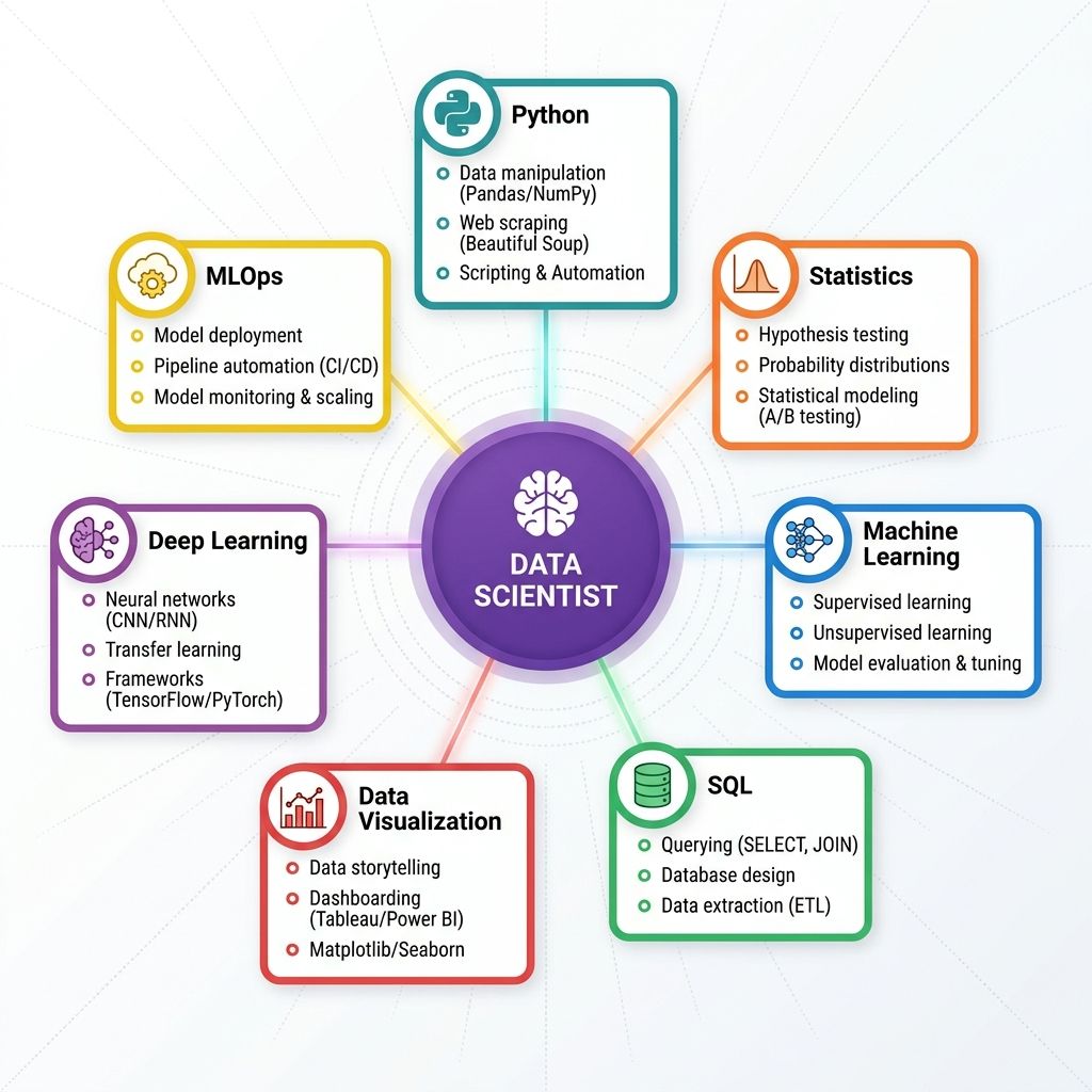 Visual skill map showing essential data science skills including Python, statistics, machine learning, SQL, and visualization tools