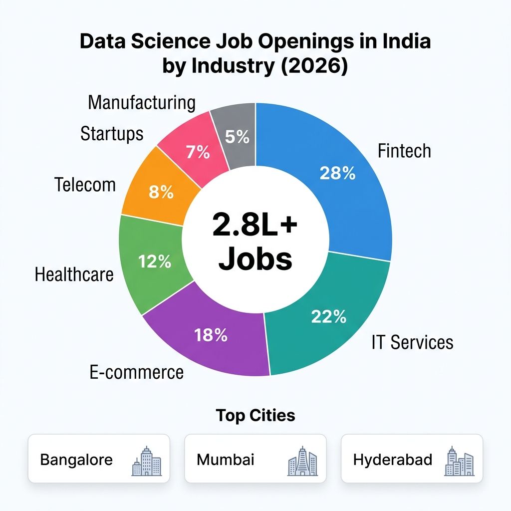 Pie chart showing distribution of data science job openings across industries in India including fintech, healthcare, e-commerce, and IT services