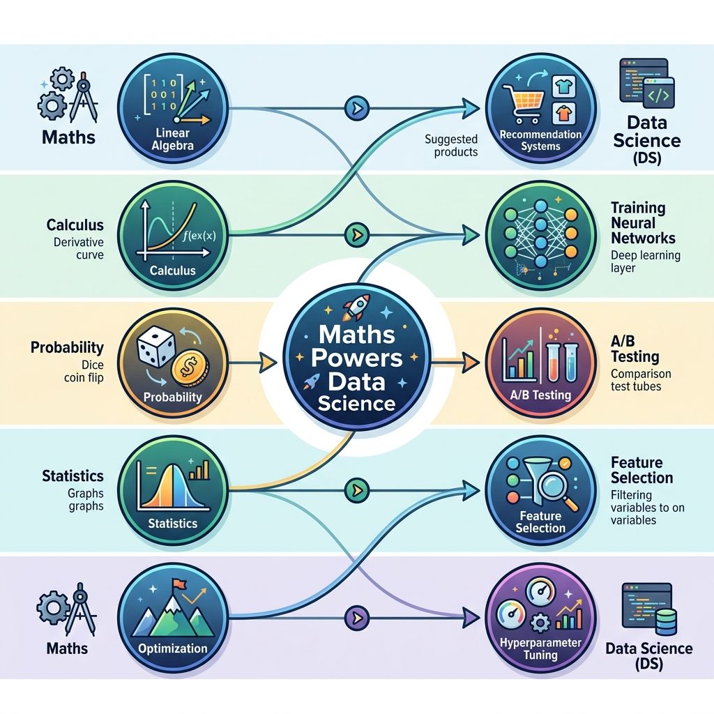 Mathematical concepts essential for data science including linear algebra, calculus, and probability visualized with equations and graphs