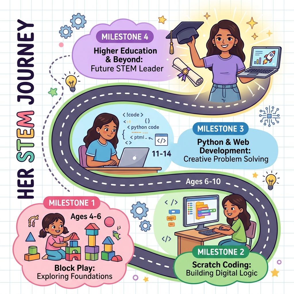 Age-wise STEM learning pathway for girls from age 4 to 18+ showing progression through different stages
