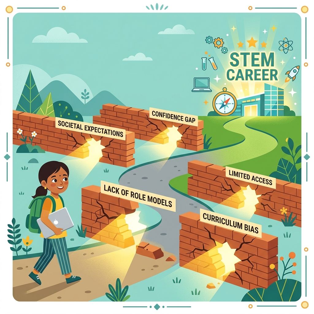Illustration showing the various barriers girls face in STEM education including societal expectations, lack of role models, and confidence gap
