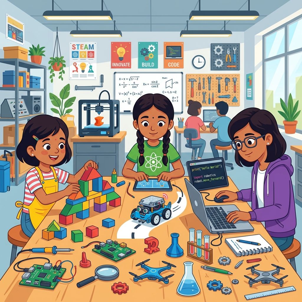 Young girls engaged in coding and STEM activities, showing confidence and creativity