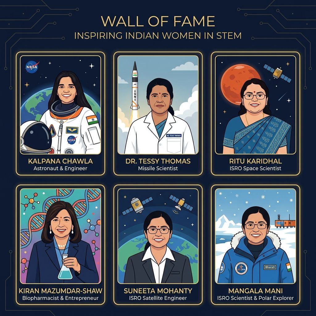 Portraits of inspiring Indian women in STEM including Kalpana Chawla, Tessy Thomas, Ritu Karidhal, and other pioneers