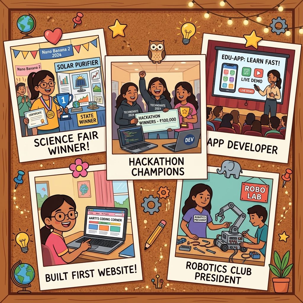 Collage of young Indian girls succeeding in STEM competitions, hackathons, and coding projects