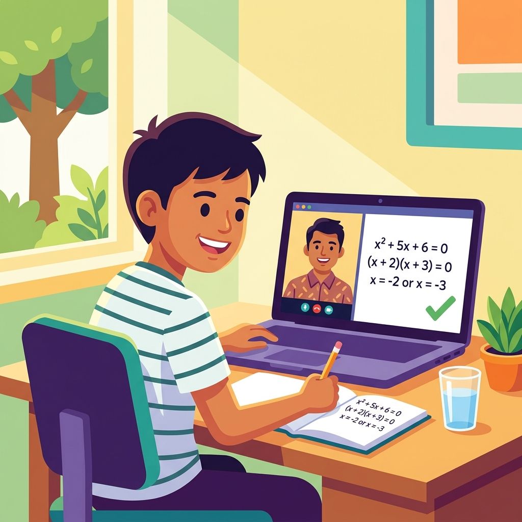Student happily learning CBSE maths online with virtual whiteboard and tutor on screen