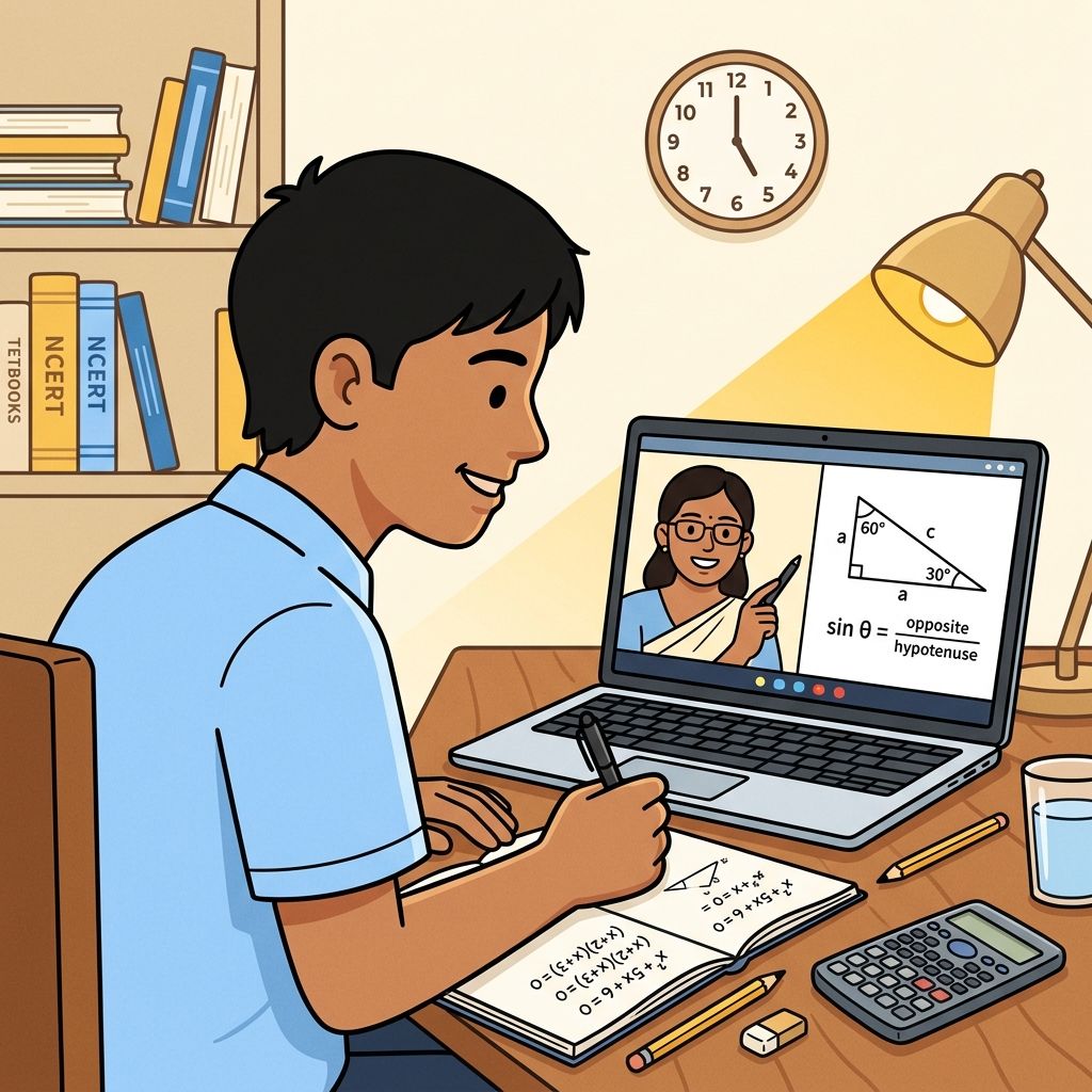 Indian student attending online CBSE maths tuition class on laptop with equations on screen