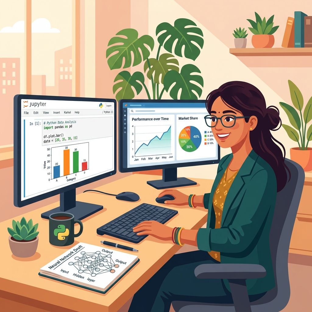Data science professional analyzing charts and machine learning models on a laptop in India