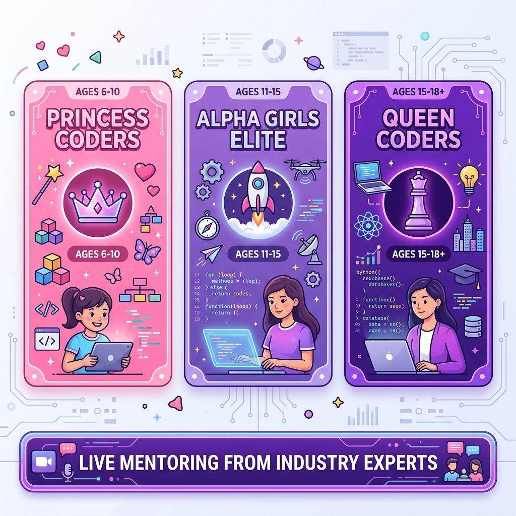Modern Age Coders girls coding programs showing Princess Coders, Alpha Girls, and Queen Coders learning paths
