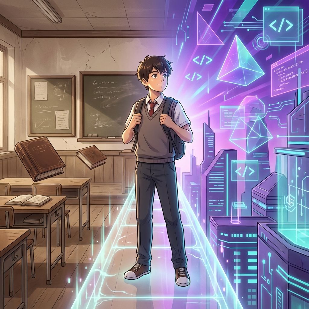 Student standing on bridge connecting traditional and modern tech education