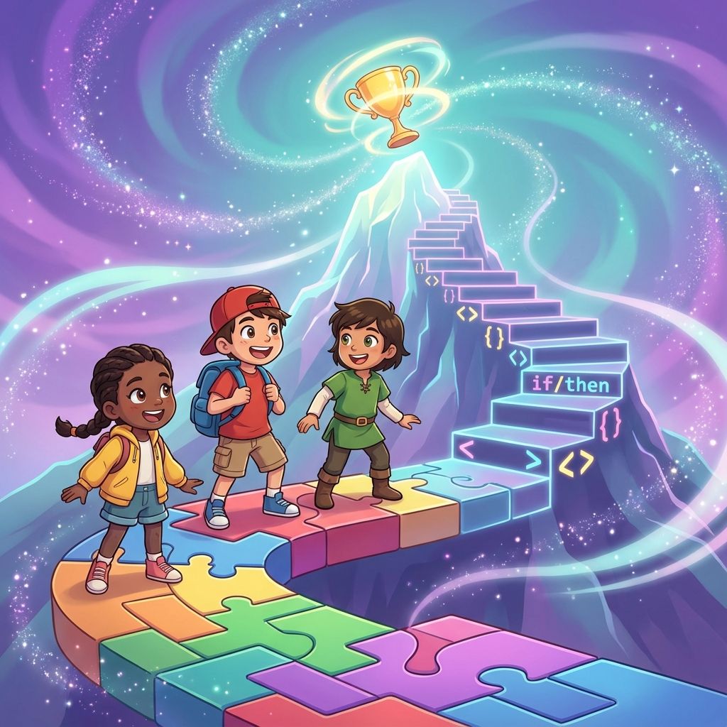 Children on coding adventure journey climbing stairs to success