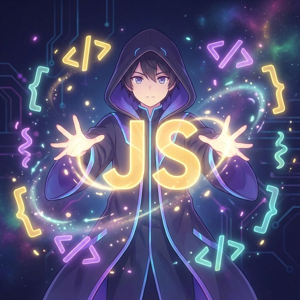 Character casting magic creating glowing JavaScript symbols