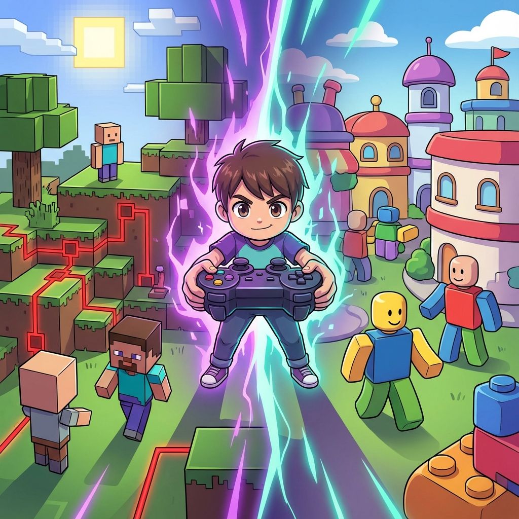Split screen showing Minecraft and Roblox gaming worlds