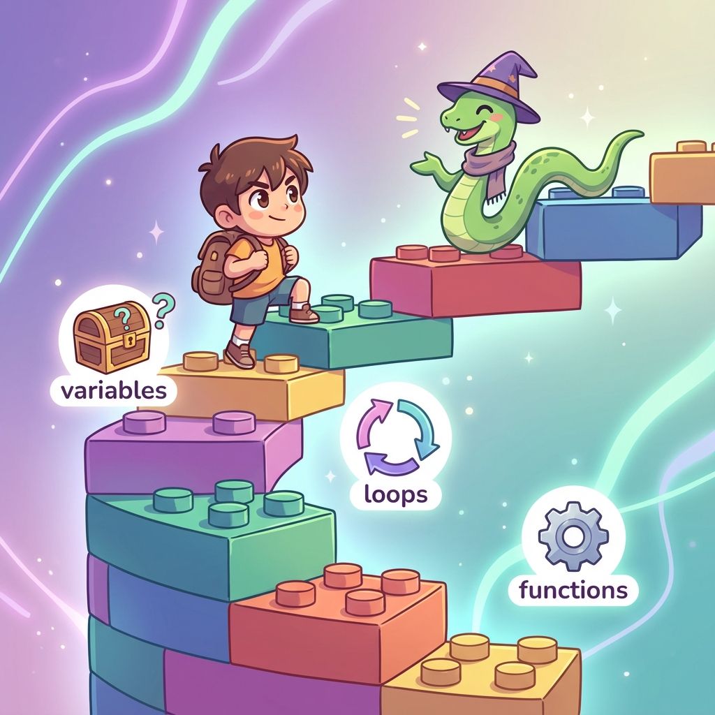 Beginner climbing colorful staircase on Python learning journey