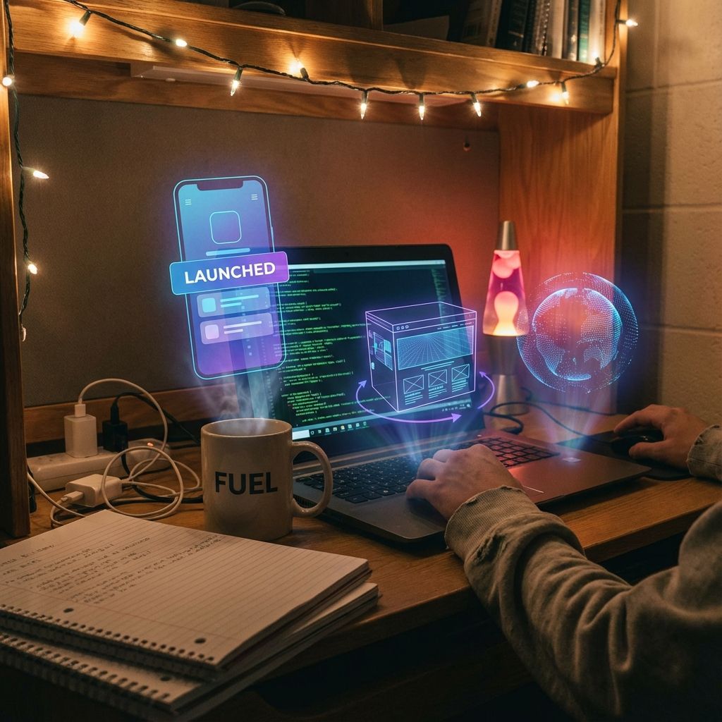College student building real-world coding projects on laptop