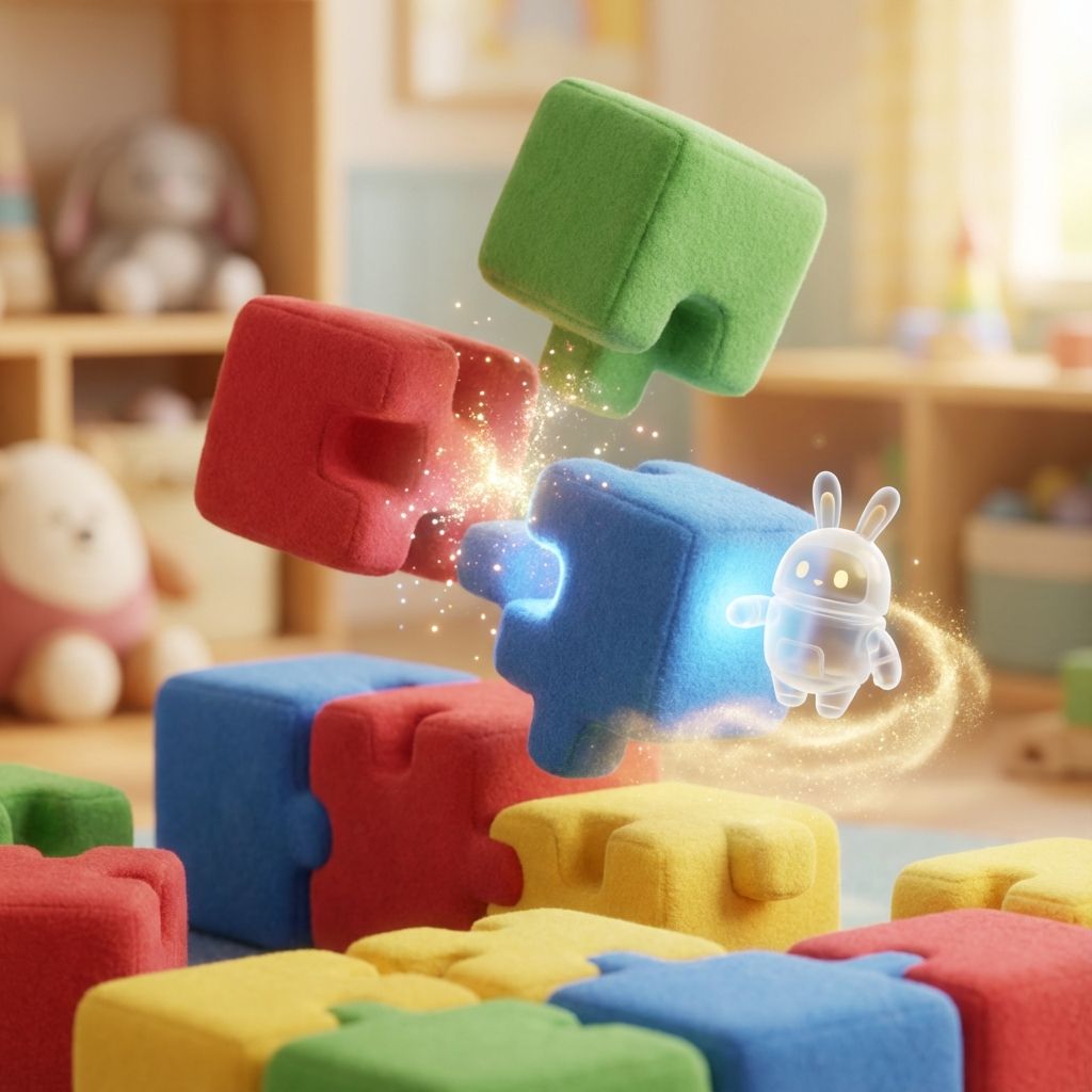 Child floating in magical universe of colorful coding blocks