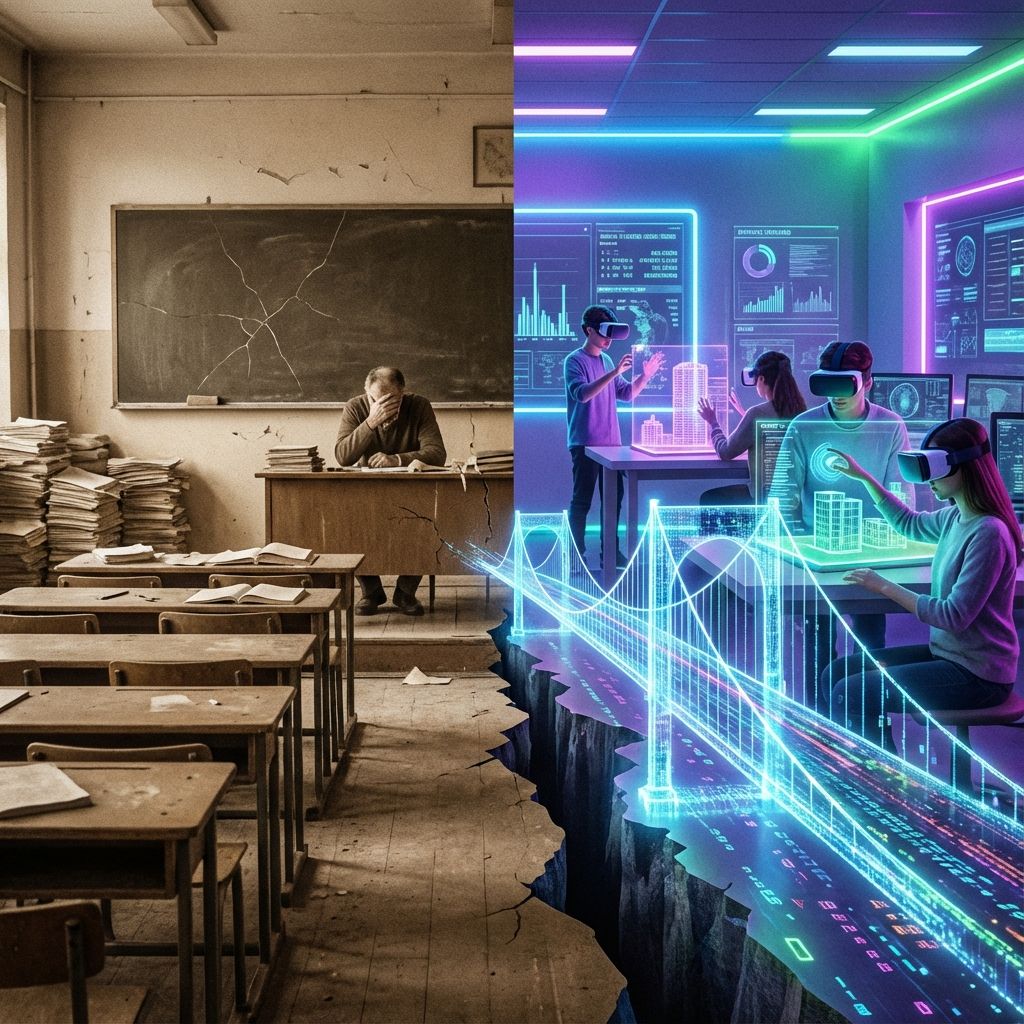 Student standing on bridge connecting traditional and modern tech education
