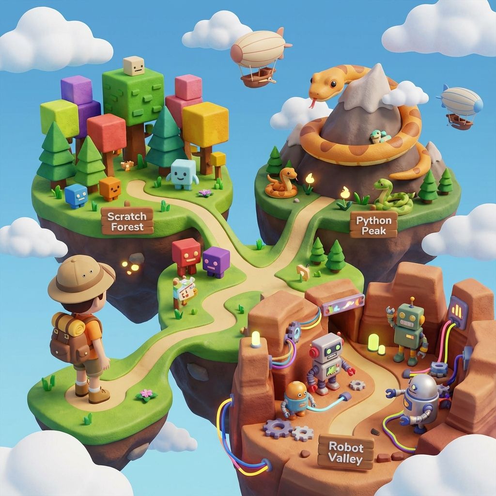 Children on coding adventure journey climbing stairs to success