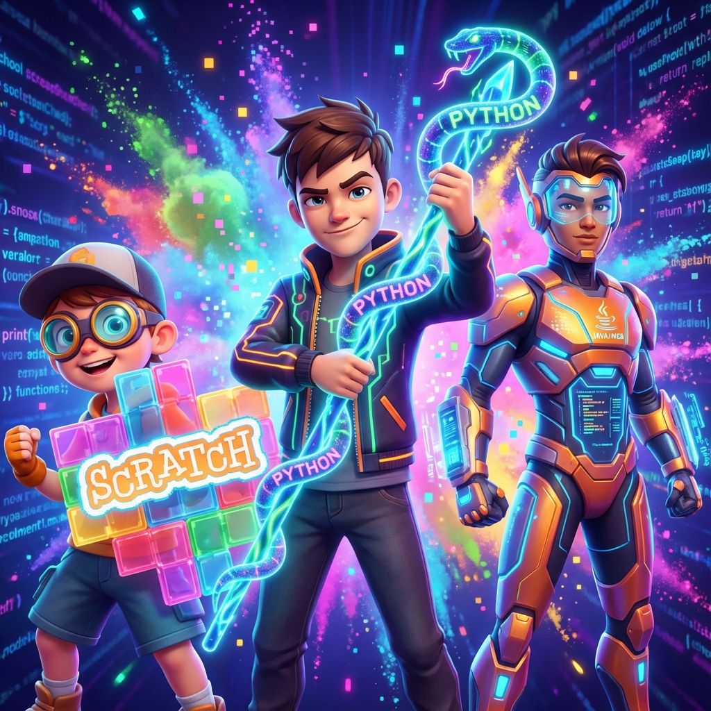 Children and teens learning different programming languages