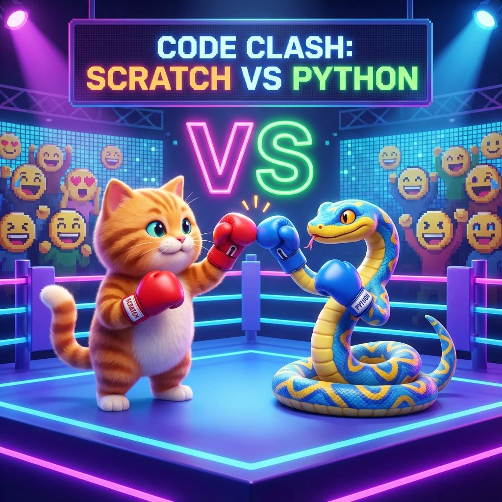 Comparison of Scratch visual blocks and Python text code for kids