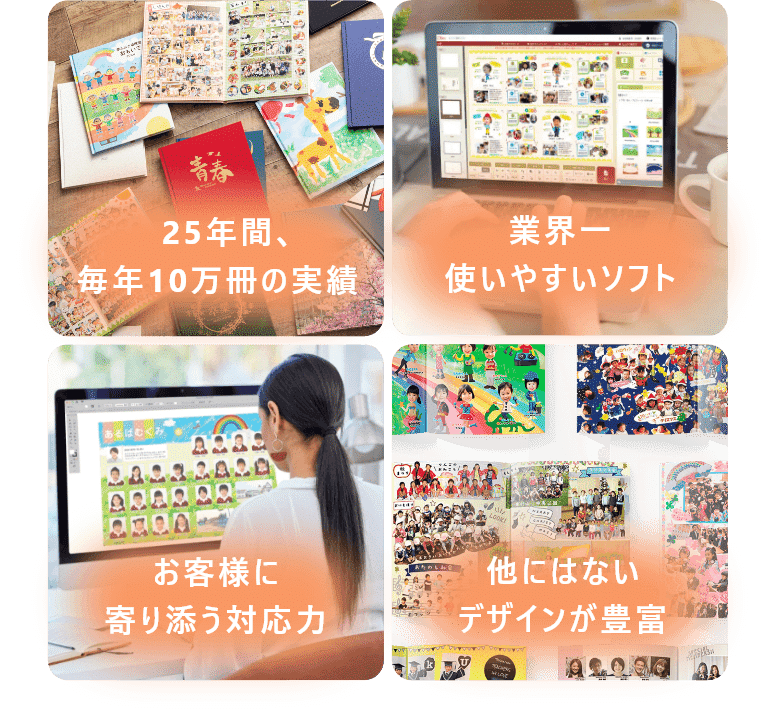 25年間毎年10万冊の実績、業界一使いやすいソフト、お客様に寄り添う対応力、他にはないデザインが豊富