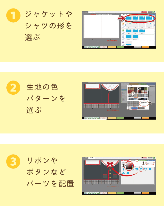 ①ジャケットやシャツの形を選ぶ ②生地の色パターンんを選ぶ ③リボンやボタンなどパーツを配置