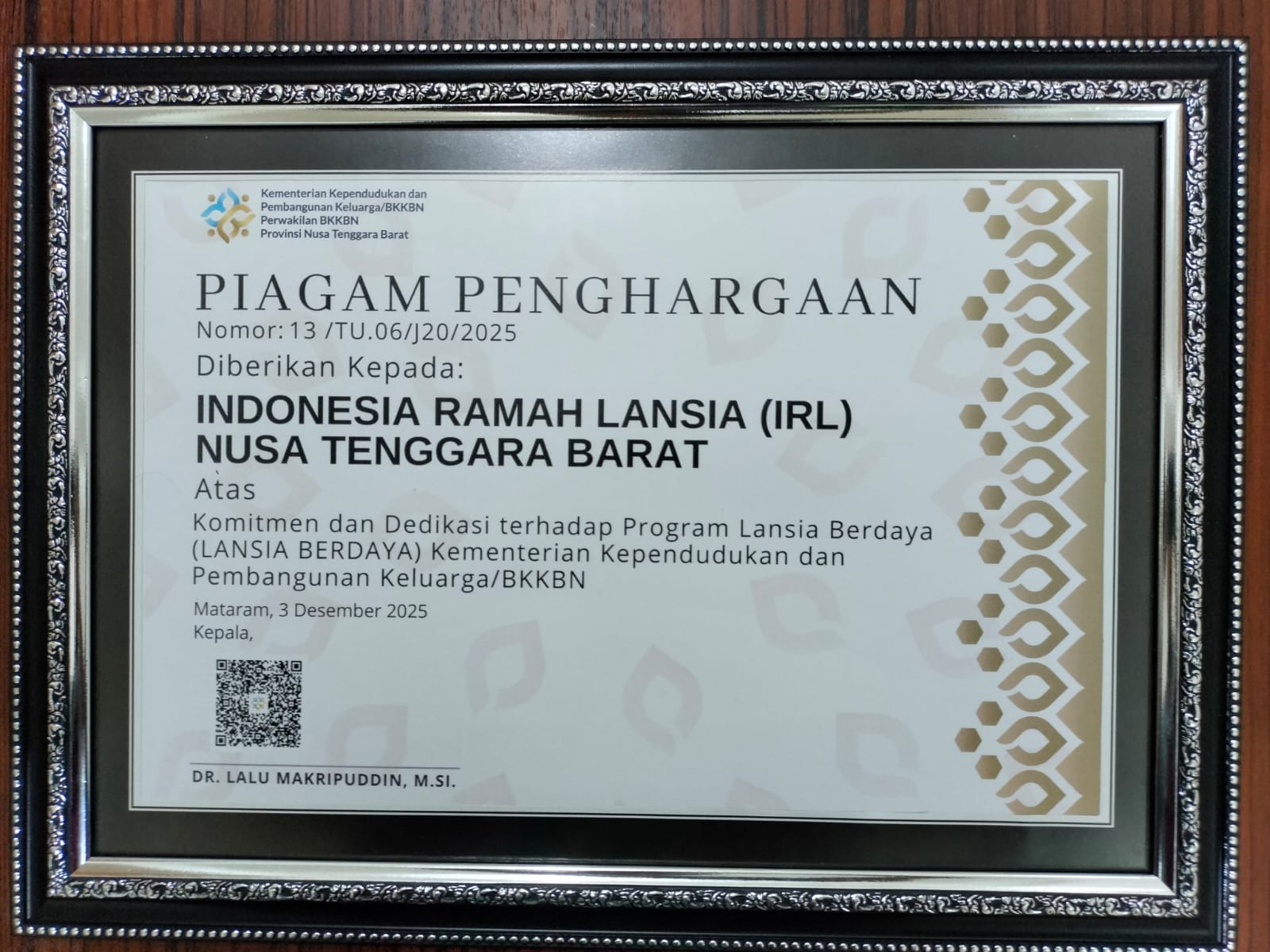 IRL NTB Raih Penghargaan dari BKKBN atas Komitmen dalam Program Lansia Berdaya