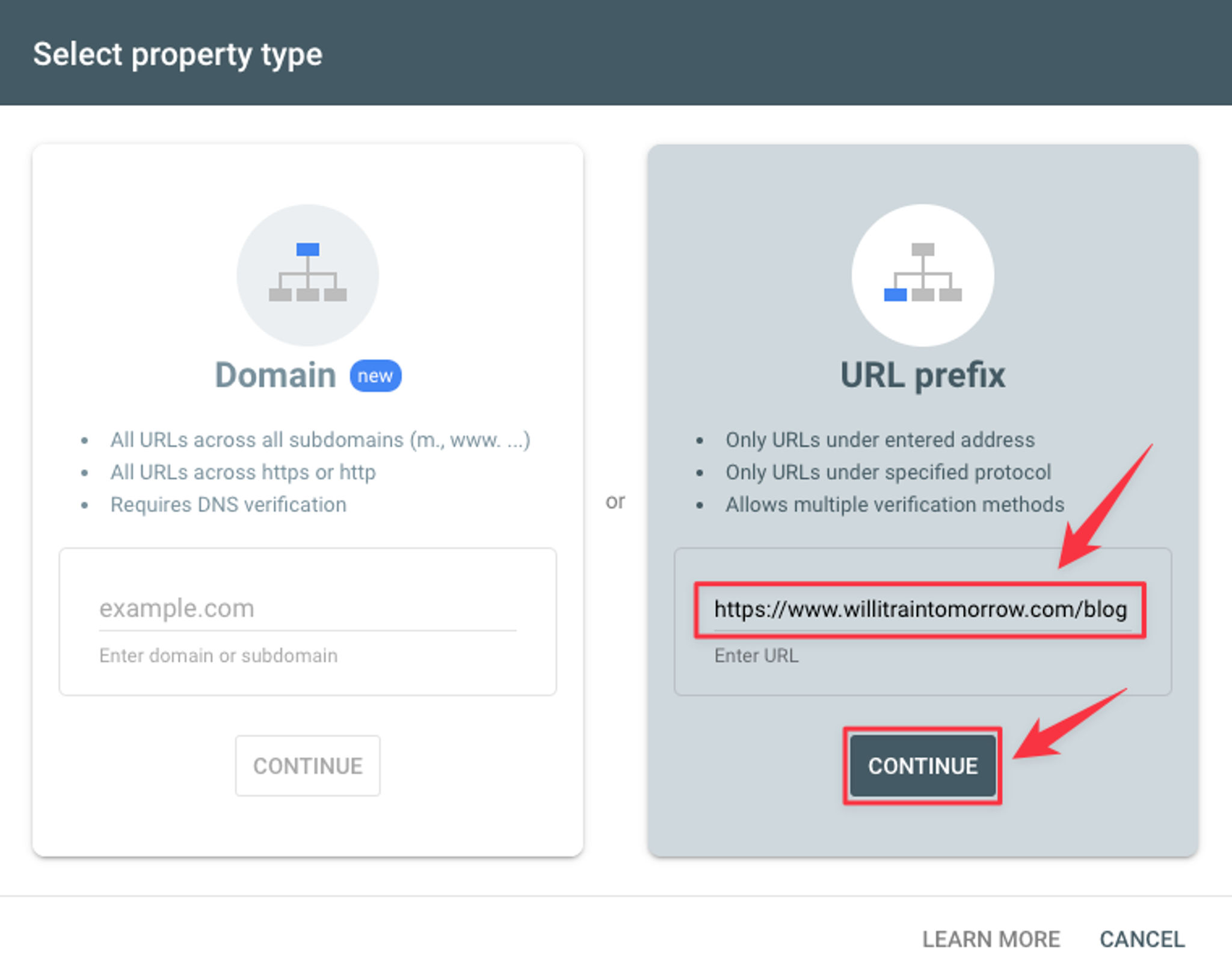 Google Search Console - Add URL Prefix Property