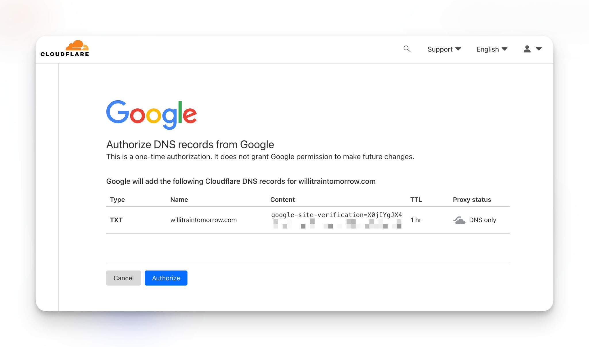 Google Search Console - Authorize Cloudflare