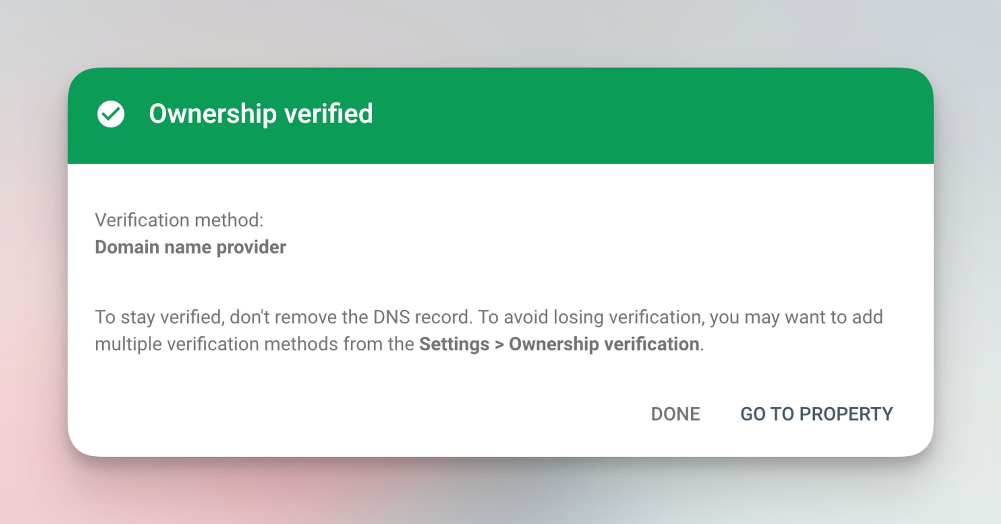 Google Search Console - Ownership verified